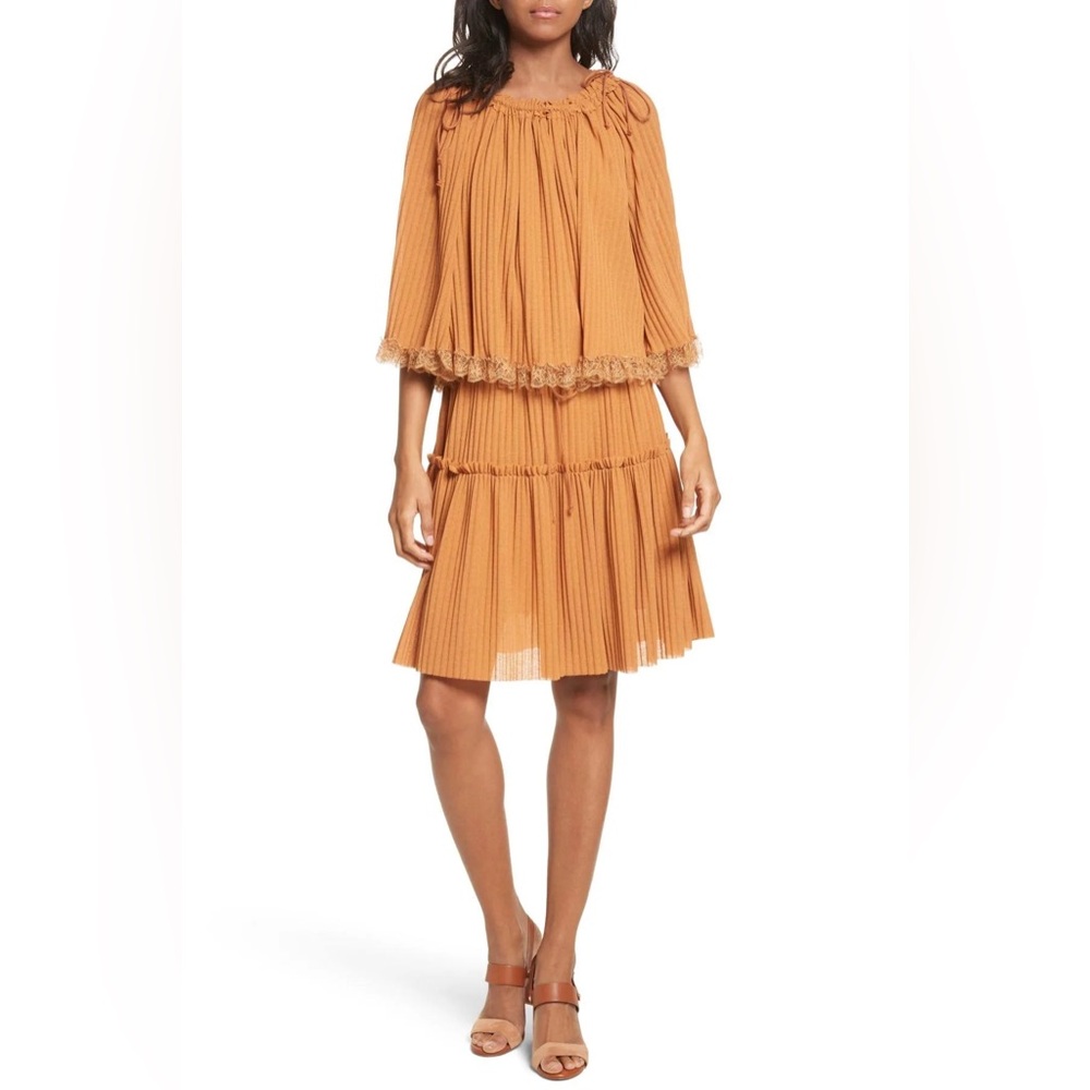 See by Chloe Brick Brown Lace Trim Ribbed Knit Tiered Dress Womens Medium